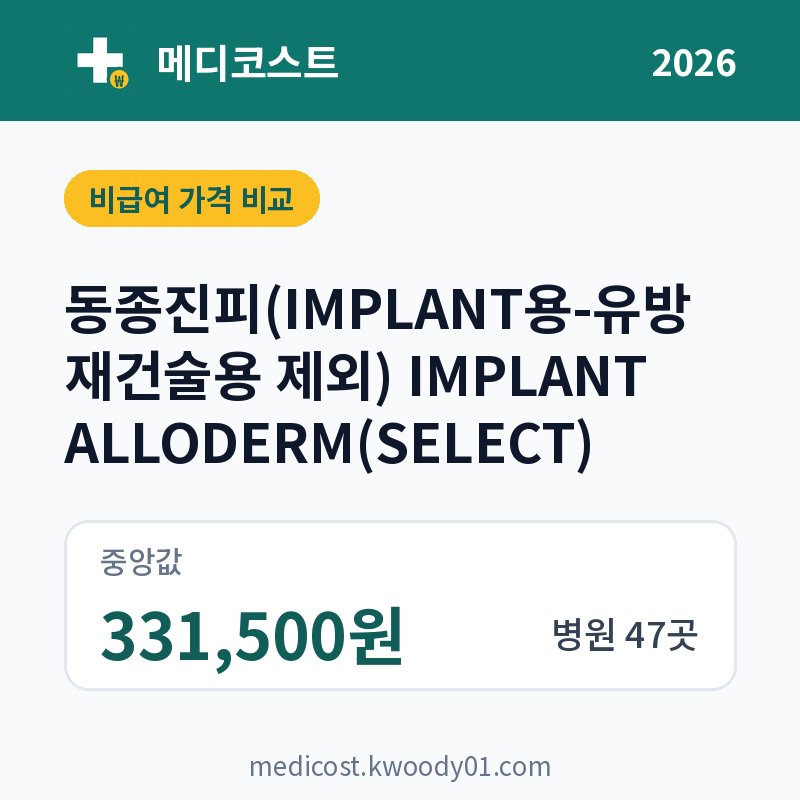 동종진피(IMPLANT용-유방재건술용 제외) IMPLANT ALLODERM(SELECT) 가격 비교 2026: 중앙값 331,500원, 병원 47곳