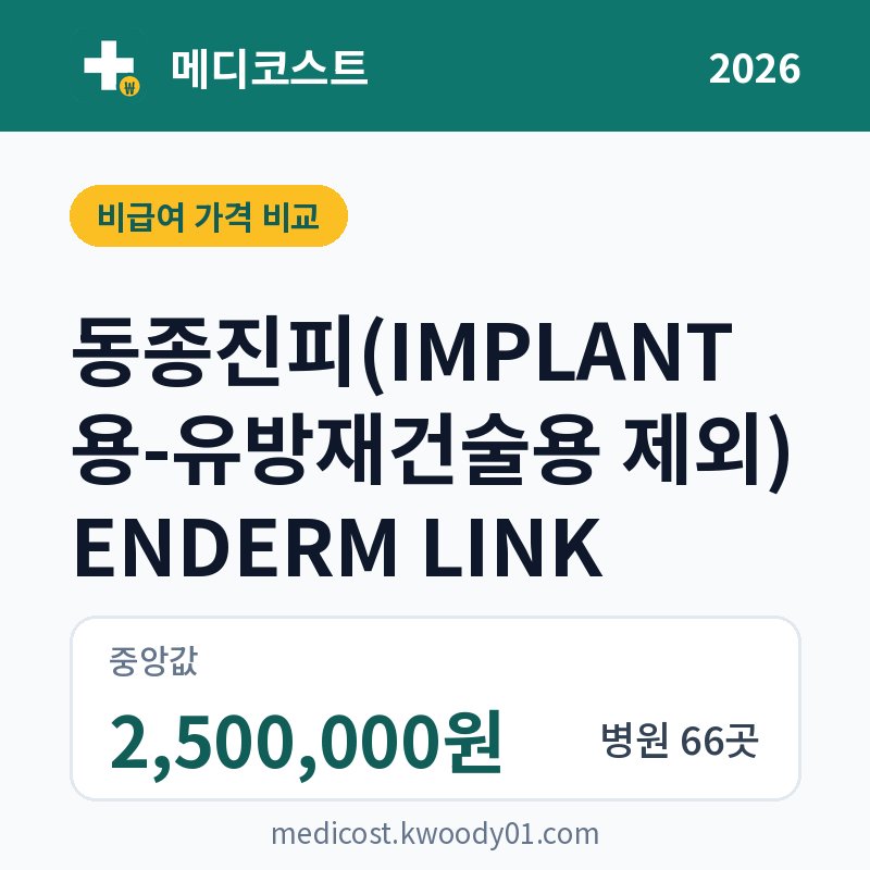 동종진피(IMPLANT용-유방재건술용 제외) ENDERM LINK 가격 비교 2026: 중앙값 2,500,000원, 병원 66곳