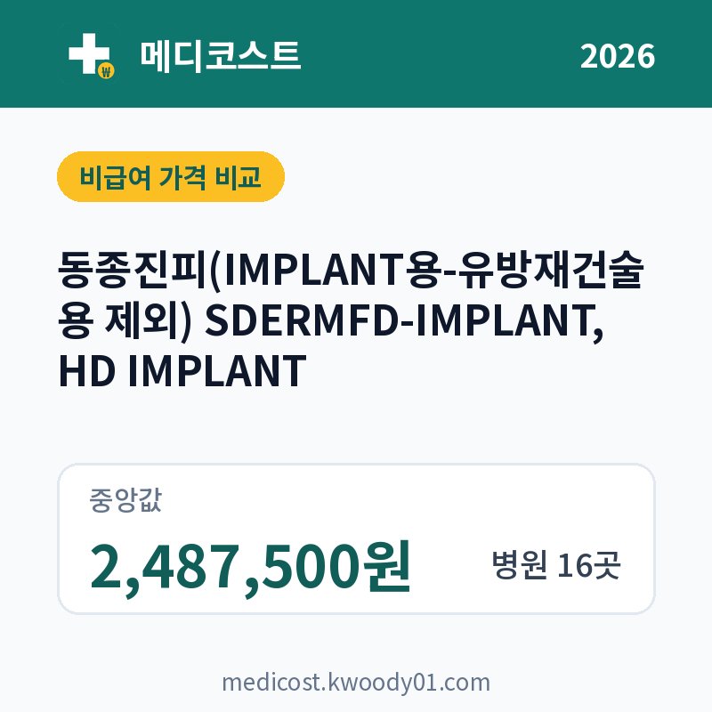 동종진피(IMPLANT용-유방재건술용 제외) SDERMFD-IMPLANT, HD IMPLANT 가격 비교 2026: 중앙값 2,487,500원, 병원 16곳