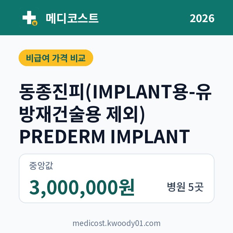 동종진피(IMPLANT용-유방재건술용 제외) PREDERM IMPLANT 가격 비교 2026: 중앙값 3,000,000원, 병원 5곳