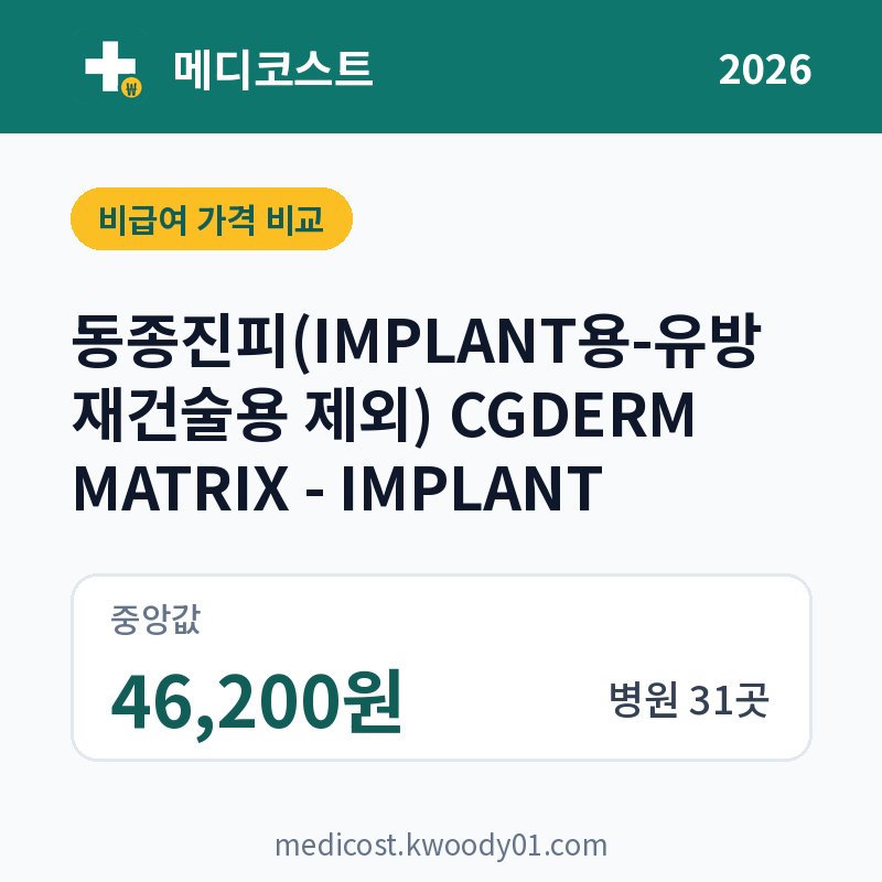 동종진피(IMPLANT용-유방재건술용 제외) CGDERM MATRIX - IMPLANT 가격 비교 2026: 중앙값 46,200원, 병원 31곳