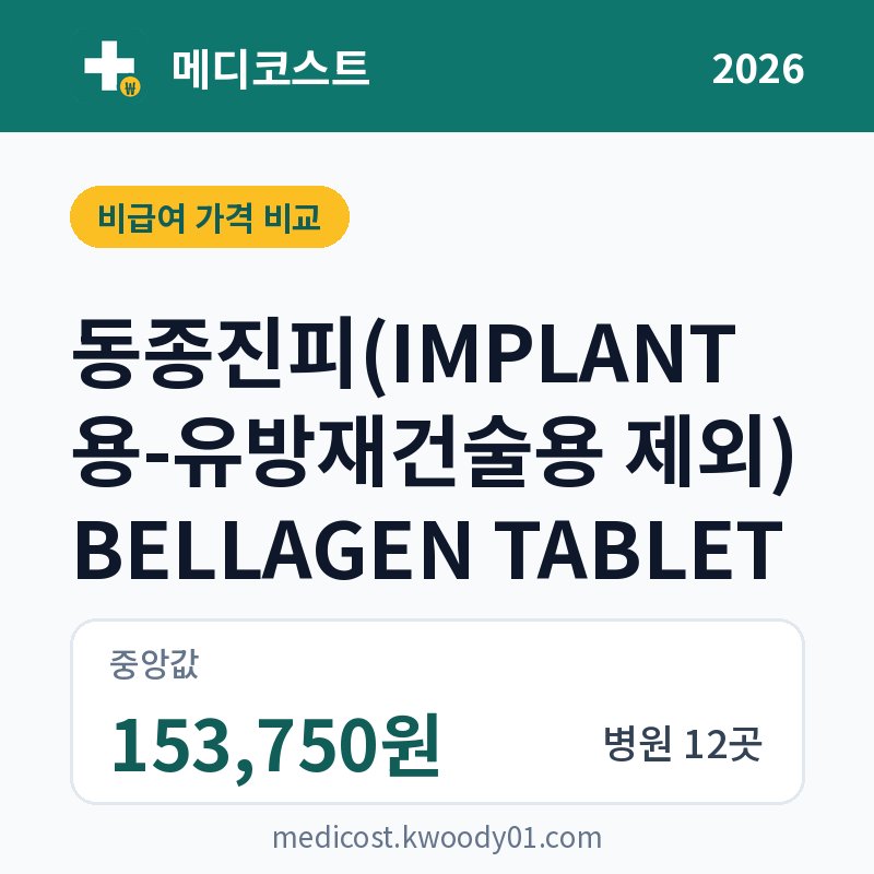 동종진피(IMPLANT용-유방재건술용 제외) BELLAGEN TABLET 가격 비교 2026: 중앙값 153,750원, 병원 12곳