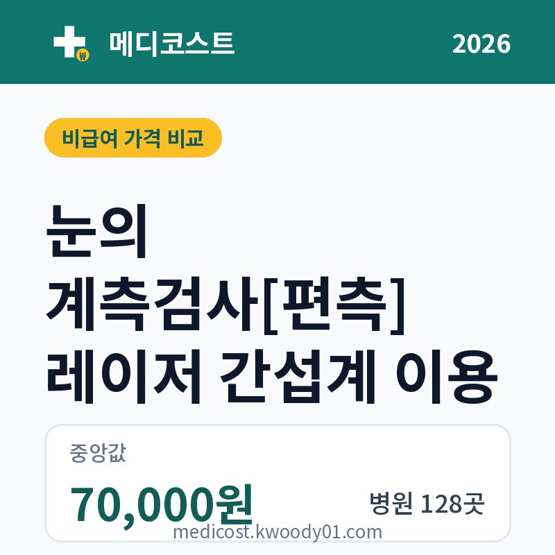 눈의 계측검사[편측] 레이저 간섭계 이용 가격 비교 2026: 중앙값 70,000원, 병원 128곳