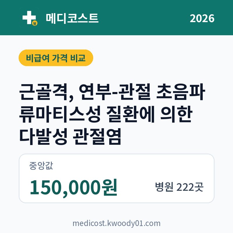 근골격, 연부-관절 초음파 류마티스성 질환에 의한 다발성 관절염 가격 비교 2026: 중앙값 150,000원, 병원 222곳