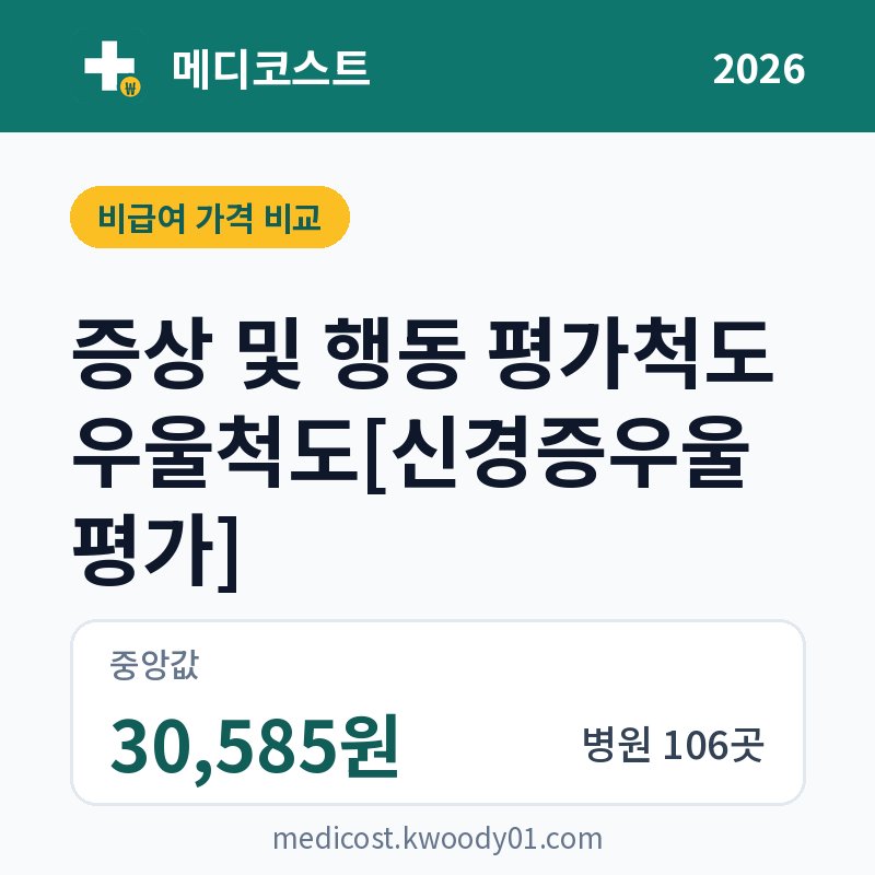증상 및 행동 평가척도 우울척도[신경증우울평가] 가격 비교 2026: 중앙값 30,585원, 병원 106곳