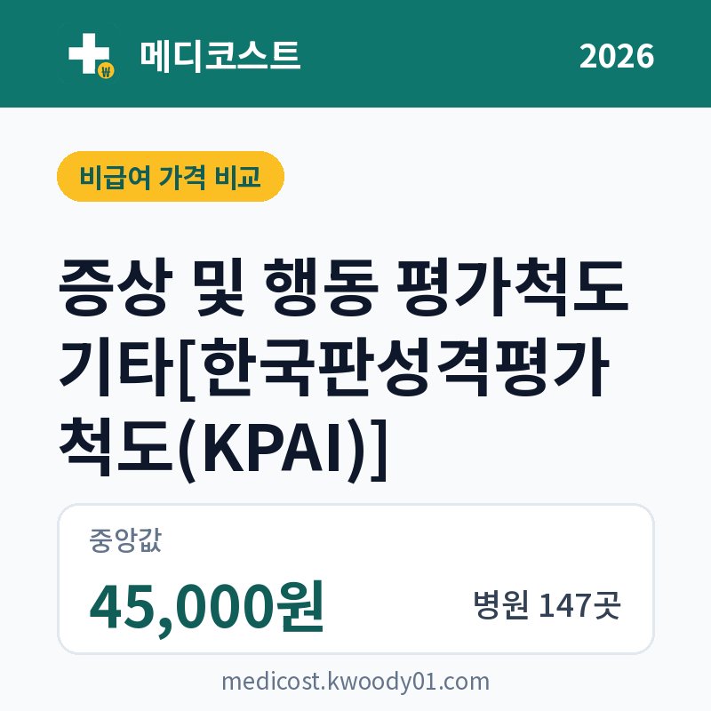증상 및 행동 평가척도 기타[한국판성격평가척도(KPAI)] 가격 비교 2026: 중앙값 45,000원, 병원 147곳
