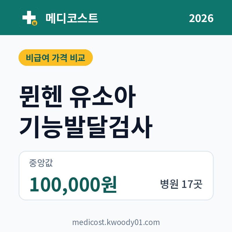 뮌헨 유소아 기능발달검사 가격 비교 2026: 중앙값 100,000원, 병원 17곳