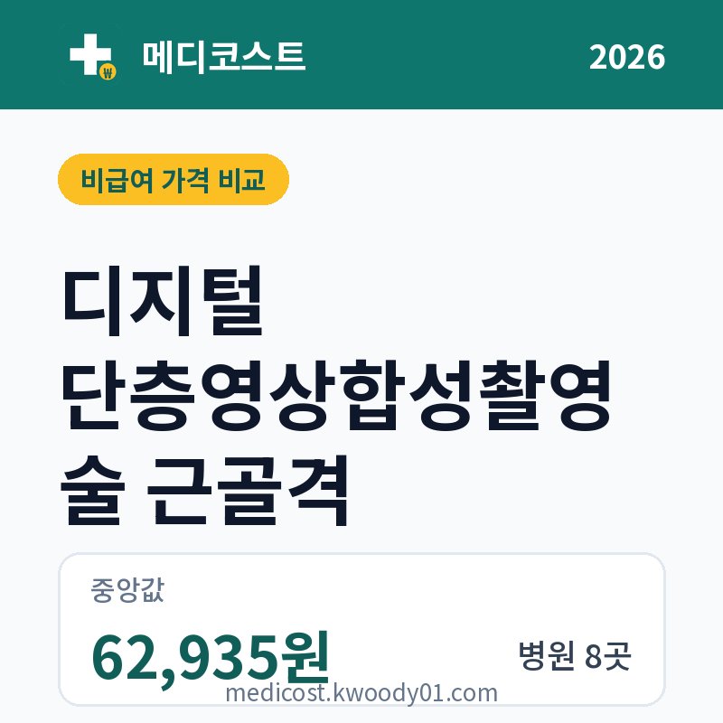 디지털 단층영상합성촬영술 근골격 가격 비교 2026: 중앙값 62,935원, 병원 8곳