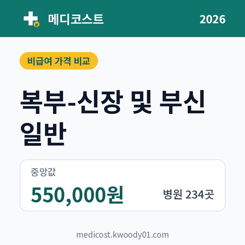 복부-신장 및 부신 일반 가격 비교 2026: 중앙값 550,000원, 병원 234곳