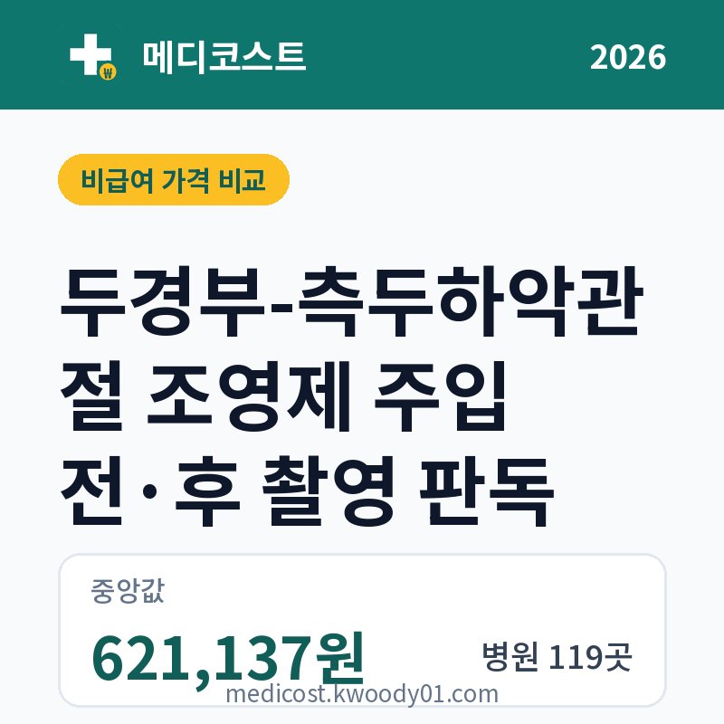 두경부-측두하악관절 조영제 주입 전·후 촬영 판독 가격 비교 2026: 중앙값 621,137원, 병원 119곳
