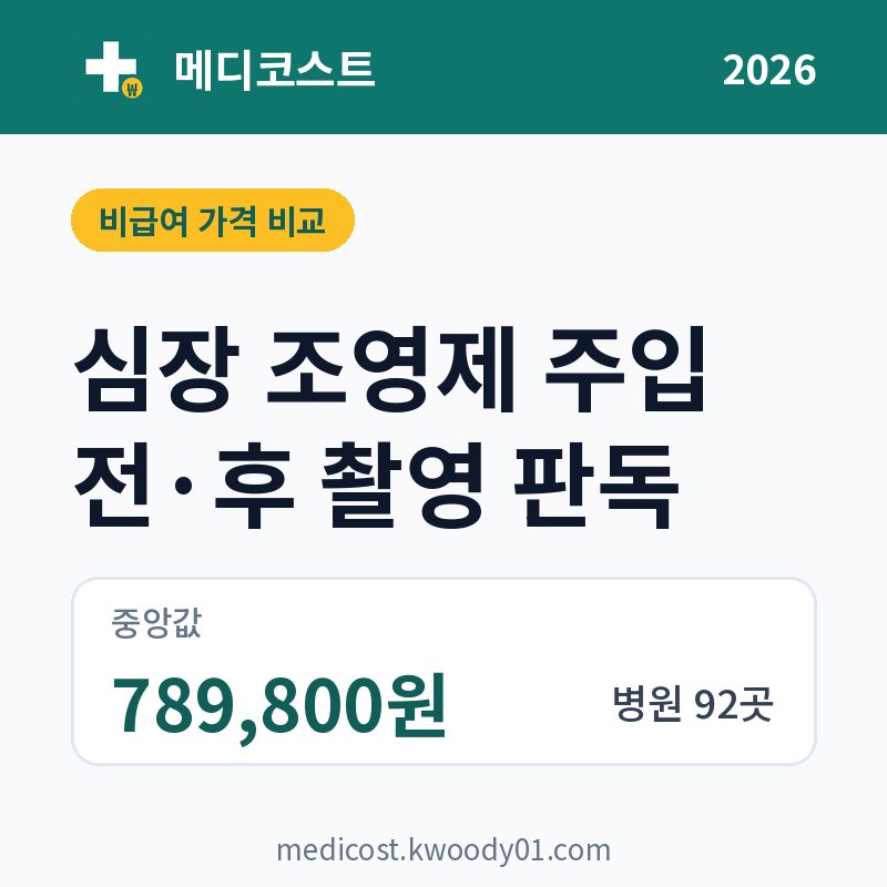 심장 조영제 주입 전·후 촬영 판독 가격 비교 2026: 중앙값 789,800원, 병원 92곳