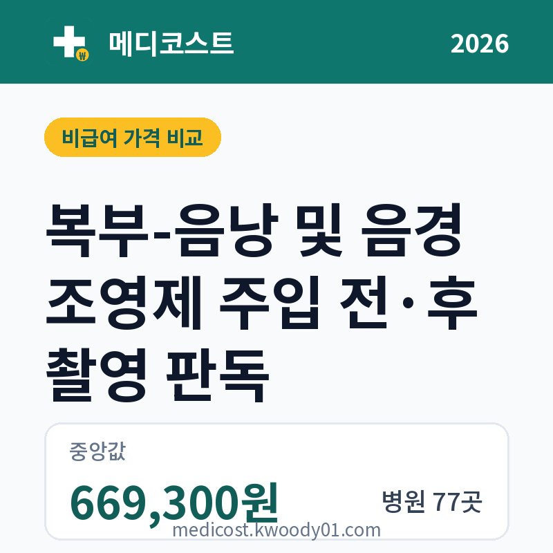 복부-음낭 및 음경 조영제 주입 전·후 촬영 판독 가격 비교 2026: 중앙값 669,300원, 병원 77곳