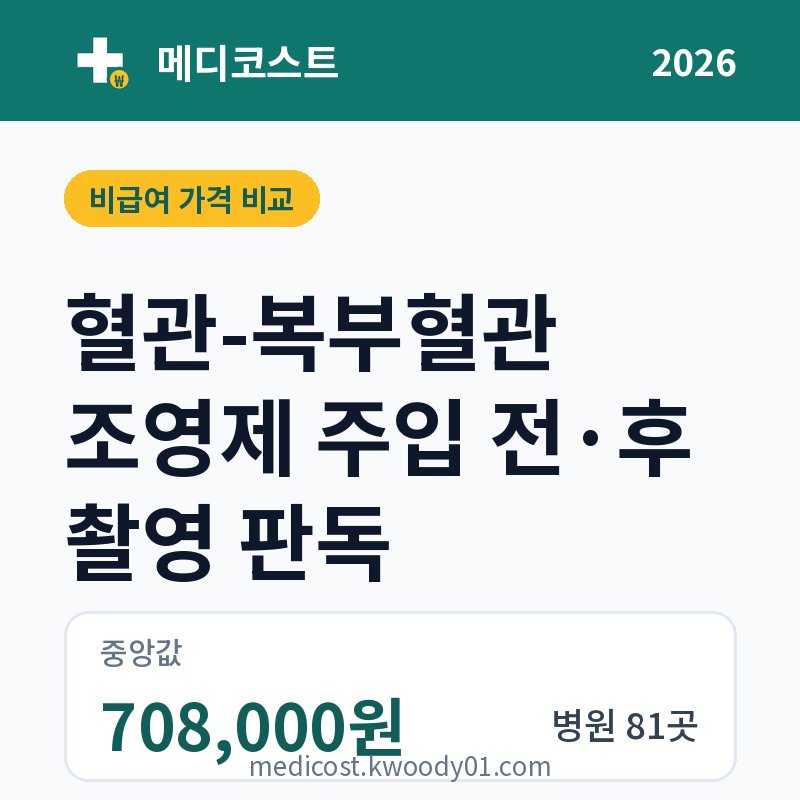 혈관-복부혈관 조영제 주입 전·후 촬영 판독 가격 비교 2026: 중앙값 708,000원, 병원 81곳