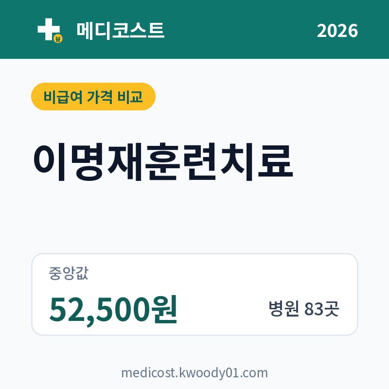 이명재훈련치료 가격 비교 2026: 중앙값 52,500원, 병원 83곳