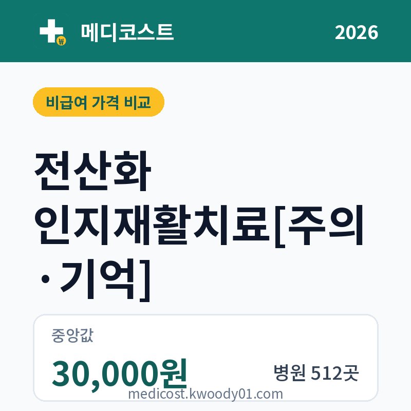 전산화 인지재활치료[주의·기억] 가격 비교 2026: 중앙값 30,000원, 병원 512곳